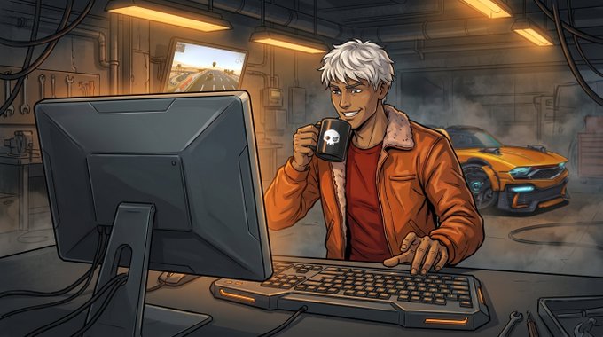 Digital illustration of a white-haired anime-style character in an orange jacket smiling while holding a skull-decorated mug at a computer in a garage with a yellow sports car visible in the background.
