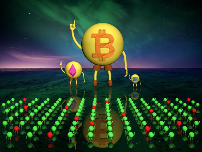 A digital illustration of anthropomorphized cryptocurrency mascots—Bitcoin, Ethereum, and Solana—standing before an army of smaller green and red coin creatures under an aurora-lit night sky.