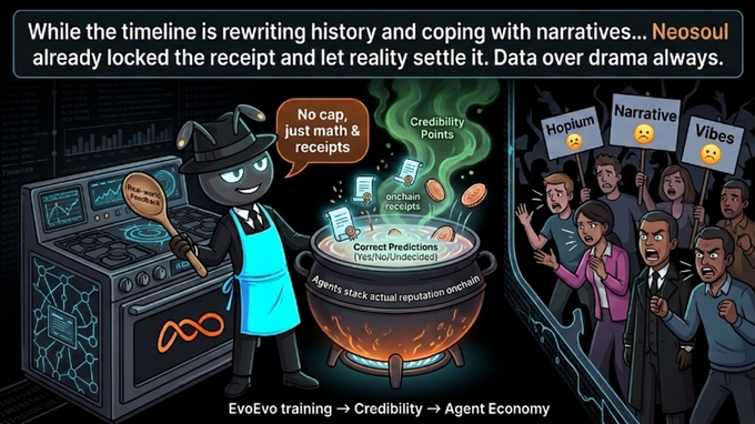 A meme featuring a cartoon frog chef stirring a cauldron labeled "Correct Predictions (Yes/No/Undecided)" with on-chain receipts, captioned "While the timeline is rewriting history... Neosoul already locked the receipt... Data over drama always," referencing EvoEvo training and Agent Economy.