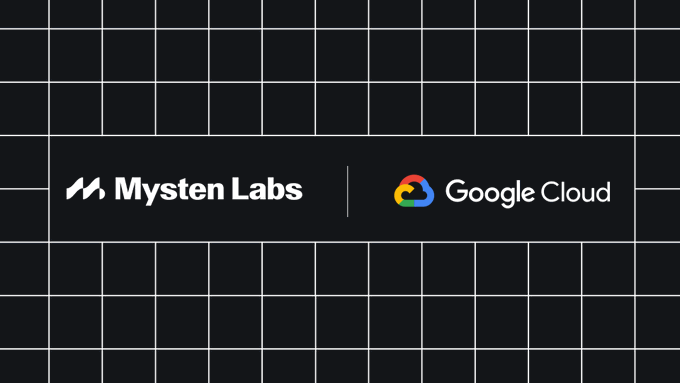 The image displays the Mysten Labs and Google Cloud logos side-by-side on a dark grid background, visually representing their announced partnership to launch the Verifiable Agent Arbiter for anchoring AI agent activity onchain via $SUI and Walrus.