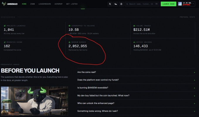 A screenshot of the Ansem.io platform dashboard highlights a circled statistic showing "2,052,955" tokens burned, supporting the claim that over 2 million $ANSEM tokens have been burned in just 4 days since launch.