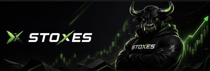 The image is a promotional banner for "STOXES," featuring a stylized black bull character wearing a hoodie emblazoned with the "STOXES" logo, set against a dark background with green candlestick chart graphics and a rising green arrow—visually reinforcing the post's bullish message about holding $STX to earn $SPCX on RobinhoodCrypto via PancakeSwap.