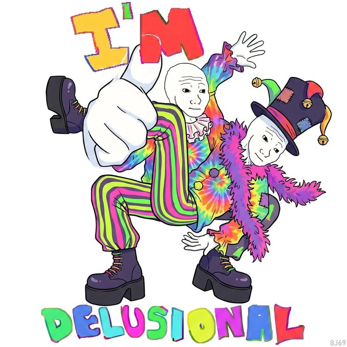 A colorful, psychedelic illustration of two figures in vibrant tie-dye and striped outfits with one giving a thumbs up, featuring the text 'I'M DELUSIONAL' in multicolored letters and 'BJ69' in the corner.
