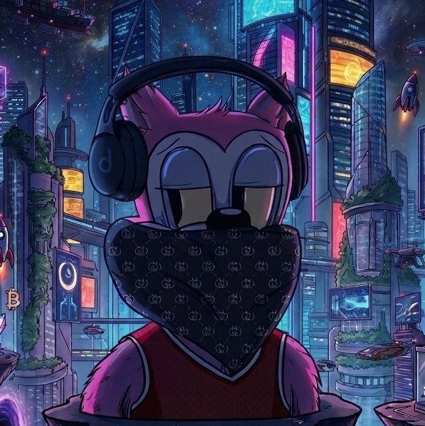 A digital illustration of a pink and purple anthropomorphic character wearing black headphones and a patterned face mask, set against a vibrant cyberpunk cityscape with neon-lit skyscrapers and rockets.