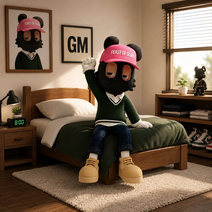 A plush toy wearing a pink 'FEAST OF GLORY' cap and green sweater sits on a bed in a cozy room, with a framed portrait of the same character and a 'GM' sign on the wall behind it.