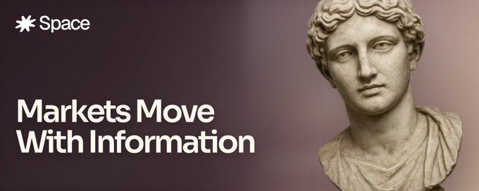 The image features a classical marble bust alongside the text "Space" and "Markets Move With Information," visually reinforcing the post's theme about how new information shapes market probabilities in real time across various sectors like crypto, politics, and sport.
