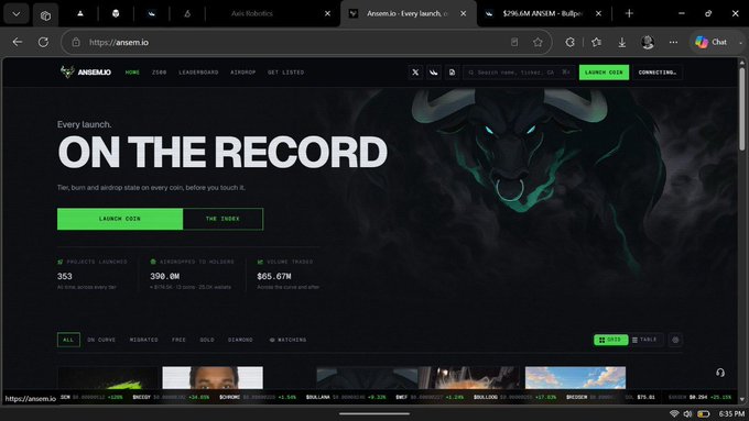 A screenshot of the 'arsem.io' website displaying a cryptocurrency launchpad with a green bull illustration and the text 'Every launch. ON THE RECORD', showing stats like 353 projects launched and $65.67M volume traded.