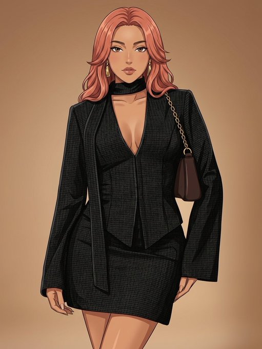 A digital illustration of a woman with pink hair wearing an all-black outfit with a deep neckline, holding a brown handbag with a chain strap.