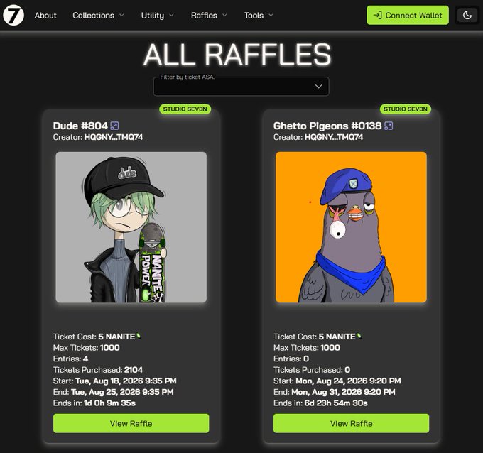 A screenshot of an NFT raffle page titled 'ALL RAFFLES' displays two listings: 'Dude #804' (HGGNY...TMQ74) with 2104 tickets purchased, and 'Ghetto Pigeons #0138' (HGGNY...TMQ74) with 0 tickets purchased, each costing 5 NANITE.