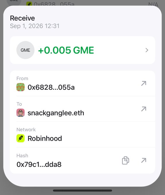 Crypto wallet transaction notification showing receipt of +0.005 GME from address 0x6828...055a to snackganglee.eth via the Robinhood network.