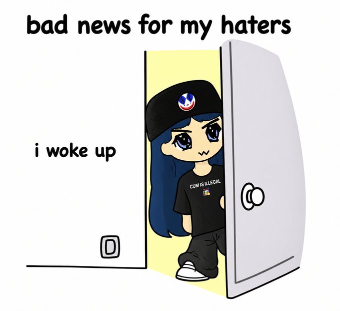 The image shows an anime-style character peeking through a door with the text "bad news for my haters" at the top, "i woke up" on the door, and the character wearing a shirt that says "GUMI IS ILLEGAL" along with a beret featuring a stylized logo. The "GM gang" (good morning) caption pairs with the meme's "I woke up" theme, sharing it as a morning greeting to the crypto/online community.
