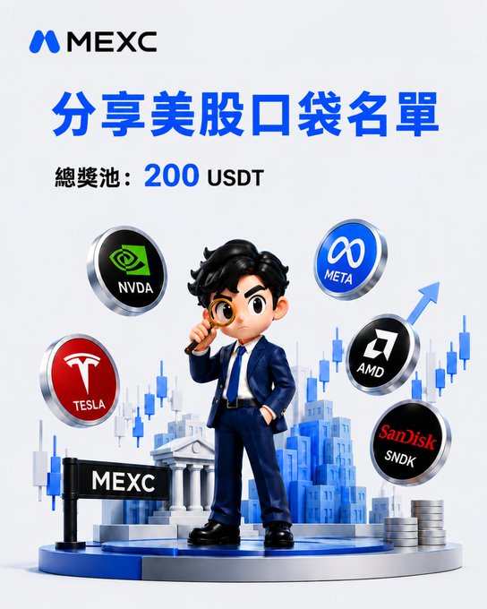A promotional graphic for MEXC with the Chinese text '分享美股口袋名單' and '總獎池：200 USDT' (Total prize pool: 200 USDT), featuring a 3D cartoon character holding a magnifying glass, surrounded by stock icons for NVDA, TSLA, META, AMD, and SNDK, with 'MEXC' signage and a stock chart in the background.