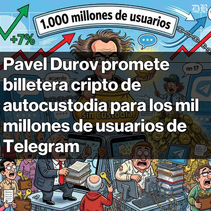 A Spanish-language cartoon-style graphic announcing 'Pavel Durov promete billetera cripto de autocustodia para los mil millones de usuarios de Telegram,' highlighting a 7% increase and 1 billion user milestone.