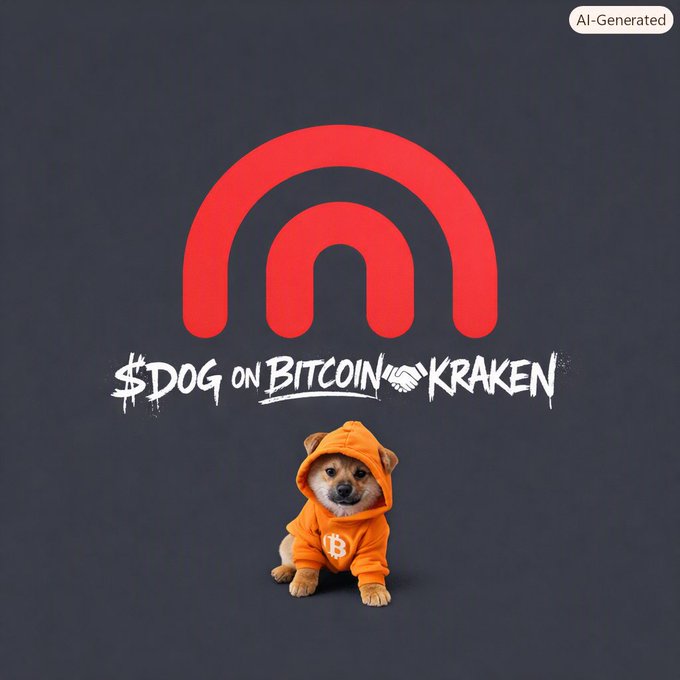 An AI-generated promotional image featuring a Shiba Inu dog wearing an orange Bitcoin-themed hoodie, with graffiti-style text '$DOG ON BITCOIN KRAKEN' below a red arch logo on a dark background.