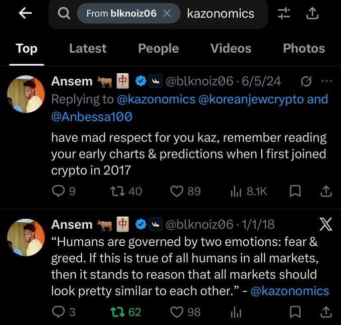 Twitter/X search results for 'kazonomics' showing tweets by Ansem (@blknoiz06) discussing crypto trading predictions and a quote about fear and greed in markets.