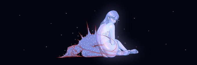 The image features a woman sitting cross-legged with her legs crossed, wearing a dress that appears to be blue or white. The background of the image is black, which contrasts with the woman's attire. There are also red spikes scattered throughout the scene, adding an element of intrigue and visual interest. The post in question seems to be discussing this particular image, possibly focusing on the woman's outfit or the unique design elements present within the photo.