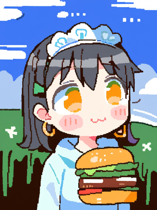 Pixel art illustration of an anime-style girl with dark hair wearing a blue maid headband and holding a large hamburger in a grassy field.