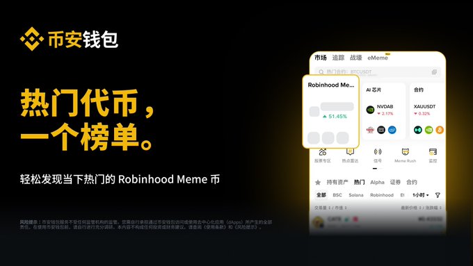 Binance Wallet advertisement promoting the Robinhood Meme feature, with Chinese text reading "热门代币，一个榜单" (Popular tokens, one list) and "轻松发现当下热门的 Robinhood Meme 币" (Easily discover the hottest Robinhood Meme coins), alongside a screenshot of the wallet app showing tokens like WDDAB (+2.17%) and XAUG/USDT (-0.32%).
