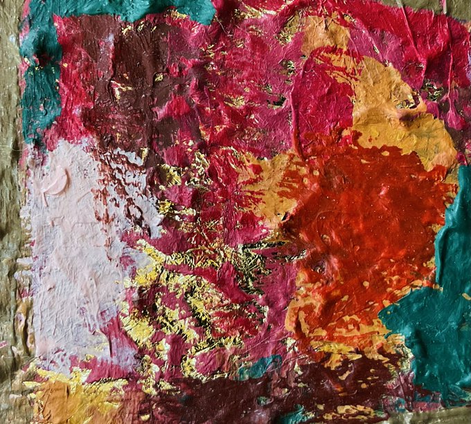 An abstract textured painting in vibrant red, pink, orange, green, and yellow colors with heavy impasto strokes.