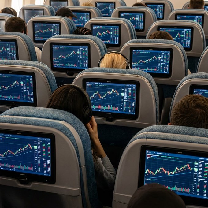 The image shows rows of airline passengers seated in an airplane cabin, each viewing the same upward-trending stock chart on their seatback screens. This visually represents the post "Stock market is about to take off," with the rising chart symbolizing market growth and the airplane setting suggesting imminent upward momentum.