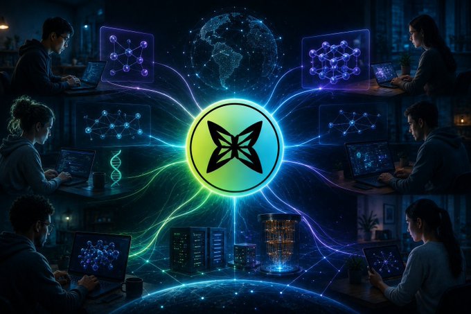 A glowing green and yellow butterfly-shaped logo at the center connects via neon light streams to a globe, network nodes, DNA helix, and data visualizations, while developers on all sides work on laptops — visually representing how QuipNetwork integrates post-quantum security and distributed computing across existing global wallet infrastructure.