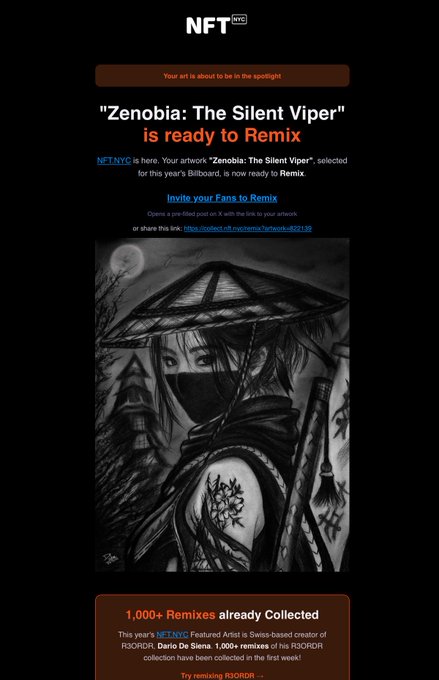 A promotional webpage for NFT.NYC announcing that 'Zenobia: The Silent Viper' by artist R3SORDDR is ready to Remix, featuring artwork of a masked ninja woman.
