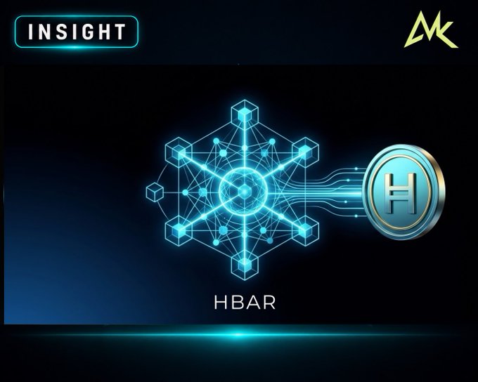 A futuristic digital graphic displays a glowing cyan geometric network on the left connected by circuit-like lines to a golden "H" coin emblem on the right, with "HBAR" labeled below and "INSIGHT" bannered in the top left corner, visually reinforcing the post's message about Hedera's native token architecture built into the protocol rather than through smart contracts.