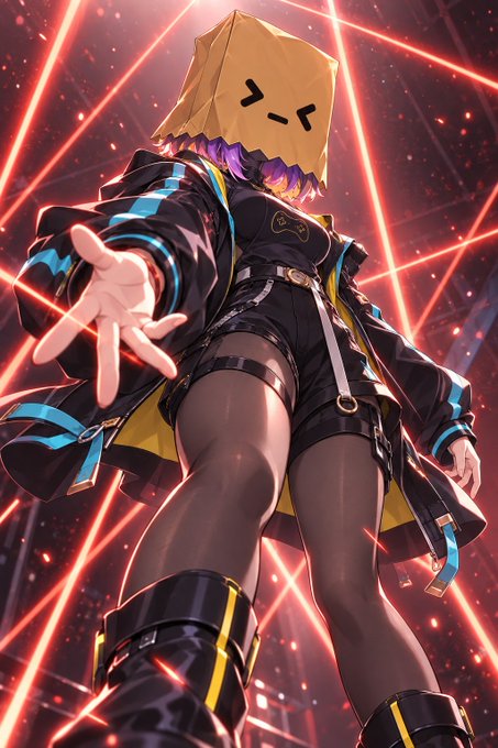 An anime-style illustration of a character wearing a paper bag mask with cat-like eyes, purple hair, a black and blue jacket, shorts, and thigh-high boots, reaching forward against a background of red laser beams.
