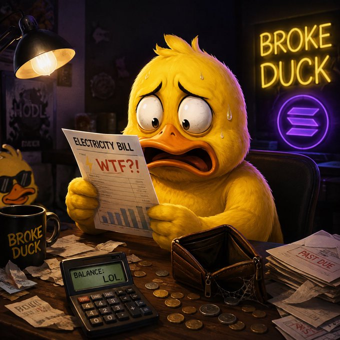A cartoon illustration of a sweating yellow duck looking shocked at an electricity bill marked 'WTF?!' with a calculator showing 'BALANCE: LOL', surrounded by 'BROKE DUCK' neon signs and empty wallet.