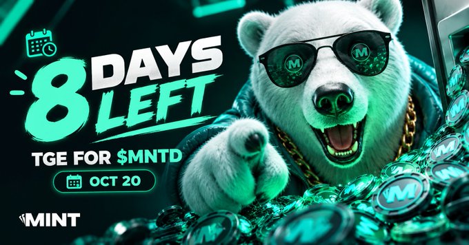 A promotional graphic featuring a white polar bear wearing sunglasses and a gold chain pointing at the viewer, with text announcing '8 DAYS LEFT - TGE FOR $MNTD - OCT 20' by Mint.