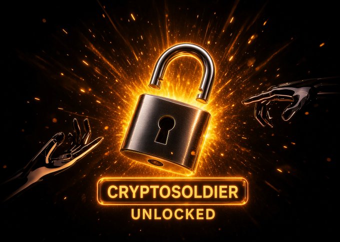 Two metallic hands reach toward a glowing padlock above the text 'CRYPTOSOLDIER UNLOCKED'.