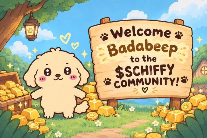 A cute illustration of a fluffy white puppy next to a wooden sign reading 'Welcome Badabeep to the $SCHIFFY COMMUNITY!' surrounded by gold bars and coins.