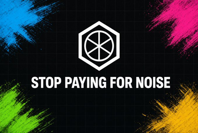 A promotional graphic displays a white hexagonal logo with the text 'STOP PAYING FOR NOISE' against a black background with colorful brush strokes in blue, pink, green, and yellow.