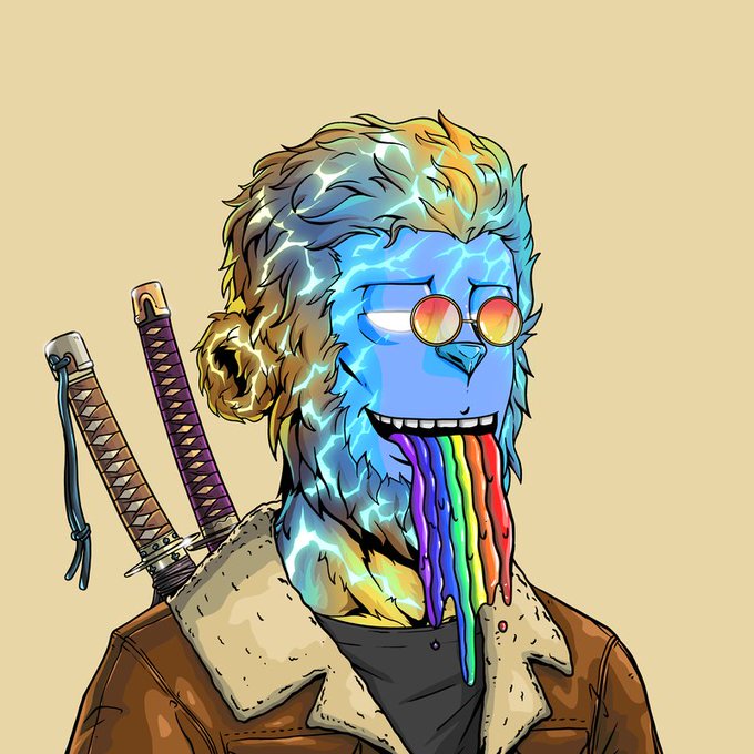 A colorful NFT-style digital artwork depicting a blue-skinned character with glowing energy lines, round sunglasses, and rainbow liquid dripping from its mouth, with two katanas strapped to its back.