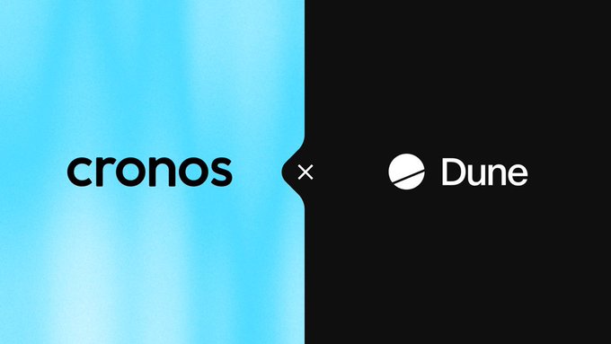 A minimalist split-screen graphic with a light blue side displaying the 'cronos' logo and a black side displaying the 'Dune' logo, separated by a white 'x'.