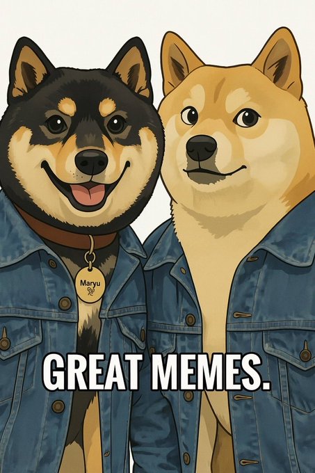 Two Shiba Inu dogs wearing denim jackets, with the black and tan one sporting a tag labeled 'Maryu', accompanied by the text 'GREAT MEMES.'