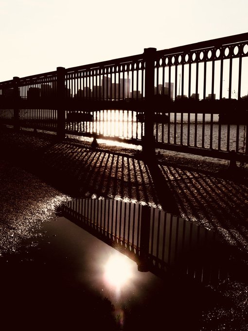 A sepia-toned photograph shows a metal bridge railing with the sun setting behind it, casting long shadows on the pavement below.