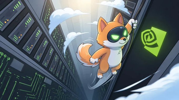A cartoon fox wearing a black eye mask scales between towering server racks in a data center, clutching an NVIDIA logo as it prepares to leap toward a glowing green heist icon. The image playfully visualizes the "heist" narrative of tokenizing $NVDA shares and stacking them in a vault.
