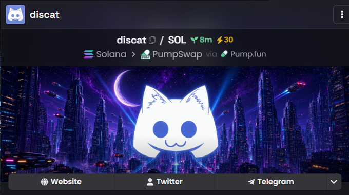 A token page for 'discat' on Solana/PumpSwap via Pump.fun, priced at 0.00000008 SOL, featuring a cyberpunk city background with a glowing white cat mascot.