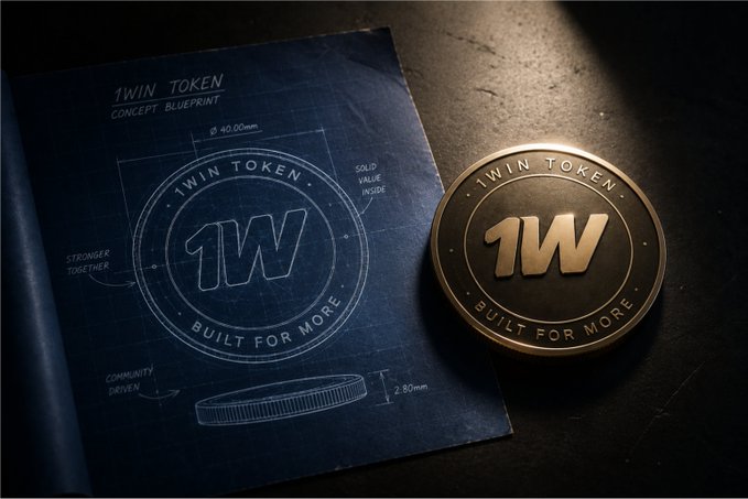 A 'Twin Token' concept blueprint next to a bronze/gold coin featuring '1W' with the tagline 'Built For More,' noting solid value inside, stronger together, and community driven features.