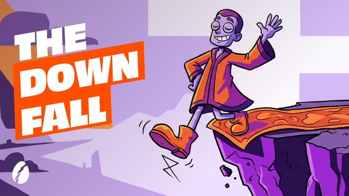 Illustrated graphic featuring a cartoon man in a purple suit stepping off a cliff edge, with bold text reading 'THE DOWN FALL' and a Lightning Network (Bitcoin) logo in the corner.