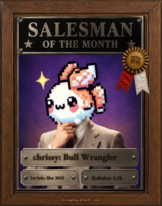 A pixelated character with an elf-like hat holds a mustache over a "SALESMAN OF THE MONTH" plaque, naming "@chrissy: Bull Wrangler" with stats "1st Sale: Mar 2025" and "Rolodex: 1.1k," promoting the creator's Solana pitch to the EcosystemCall.