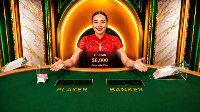 A smiling dealer in a red dress stands behind a green baccarat table with "PLAYER" and "BANKER" betting areas, while a "YOU WIN $8,000 - Pragmatic Play" overlay promotes a Stake giveaway requiring reposts, follows, likes, comments, and subscriptions.