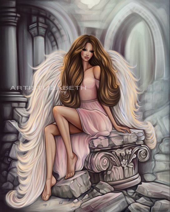 A digital artwork by 'ARTISTTOXBETH' showing a woman with long brown hair and large white angel wings sitting on a stone pedestal in a pink dress.