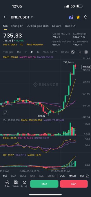 In the image, a smartphone screen displays a financial market graph or chart from the cryptocurrency trading platform Binance. The chart shows several different cryptocurrencies' prices over time, with peaks and valleys indicating changes in value. The background of the image is dark blue, which might be related to the app's interface colors. There are also text elements on the device that provide more context about the specific cryptocurrency being displayed, such as its name or a symbol associated with it.