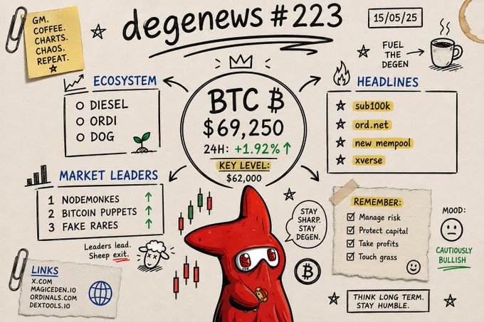 A hand-drawn style infographic titled "degenews #223" dated 15/05/25, centered around BTC at $69,250 (+1.92% in 24H) with a key level of $62,000, featuring sections on ecosystem (DIESEL, ORDI, DOG), headlines (sub100k, ord.net, new mempool, xverse), market leaders (NODEMONKES, BITCOIN PUPPETS, FAKE RARES), and reminders to stay sharp with a cautiously bullish mood.
