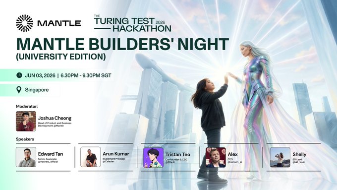 The image features a poster for an event called "Mantle Builders' Night". The poster displays a woman dressed as a robot with arms reaching out towards a child, who appears to be a girl. There are several other people visible on the poster, including a man and a woman in suits. The text on the poster indicates that this event is taking place at the University of Singapore on June 3rd, from 6:30 PM to 8:00 PM.