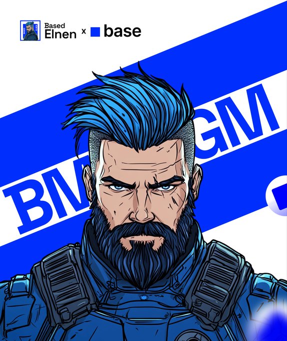 The image features a man with blue hair wearing a blue suit or armor, possibly from a video game like "Base" or "Crypto". The man has a beard and is looking directly at the camera. The background of the image is white with blue lines on it, which could be part of an advertisement for a video game or a promotional poster related to the game. The caption reads: "Crypto, and especially Base, will pump hard. Those who keep grinding and hustling are gonna be the biggest winners".