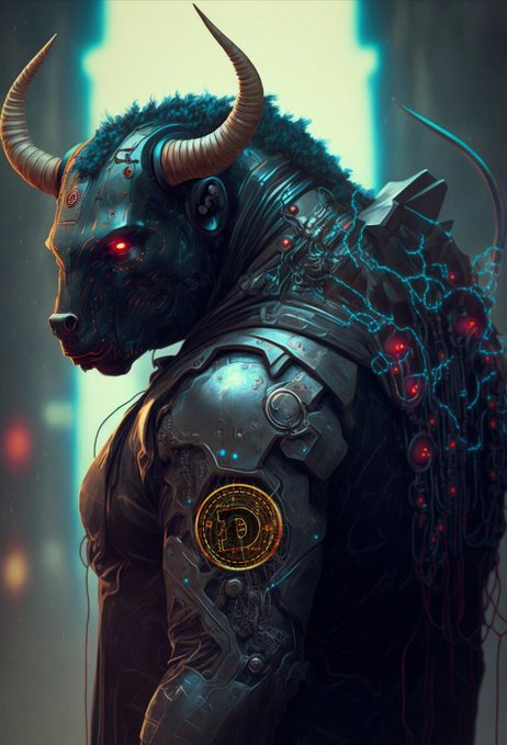 A cyberpunk bull with glowing red eyes and horned armor featuring a Dogecoin (DOGE) emblem etched in gold on its shoulder, blending futuristic mech aesthetics with cryptocurrency symbolism to embody the bullish "to the moon" energy of the Dogecoin community.