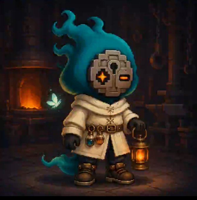 A small character with blue flame-like hair, a keyhole for a face, and a white robe holds a glowing lantern and stands in a dimly lit forge.